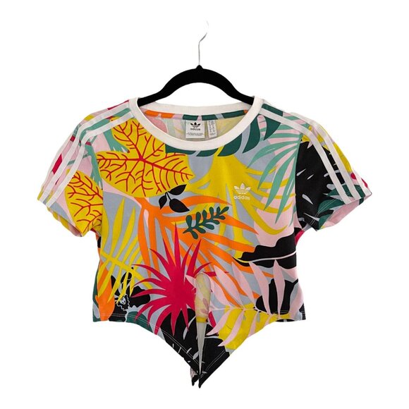 Adidas Womens Tropical Print Tie-Front Cropped T-Shirt Multicolor Size XS Island - Picture 4 of 8